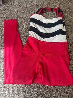 Red Colorblock Athletic Jumpsuit with Striped Bodice